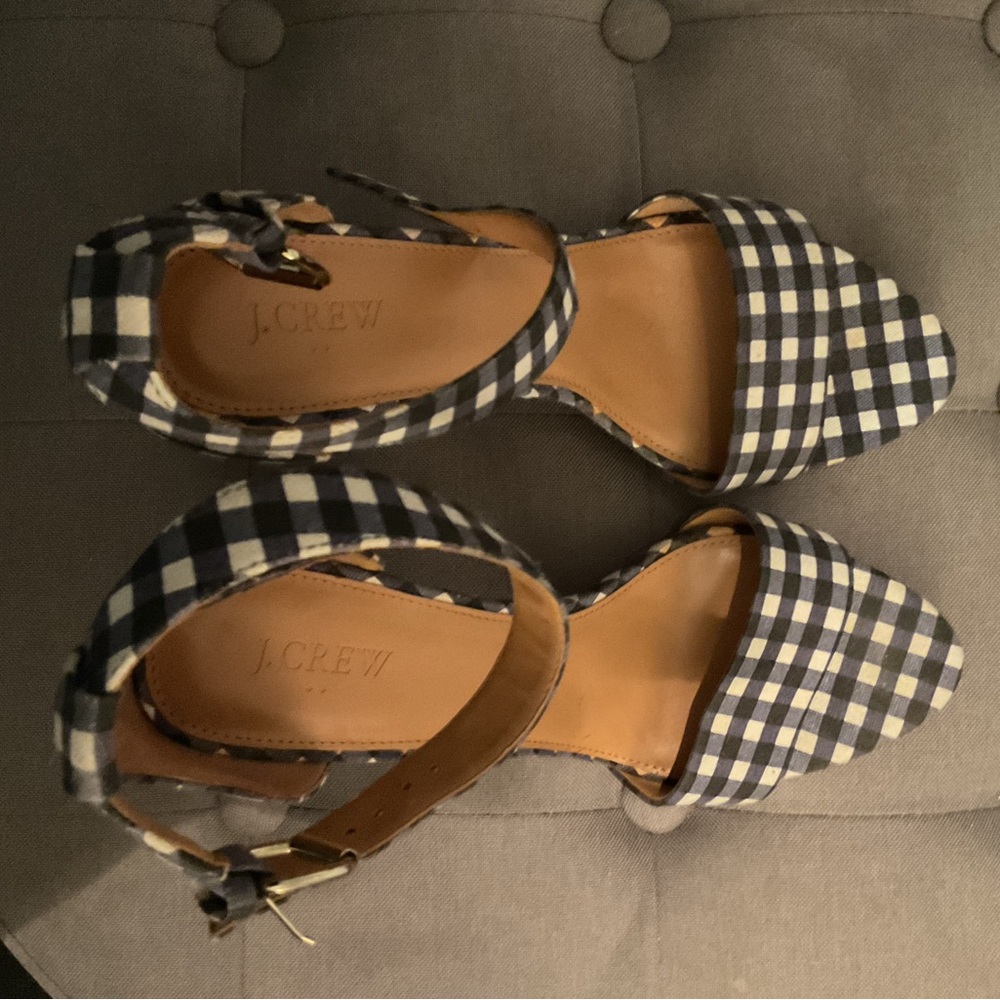 J. Crew Blue and White Checkered Ankle Strap Sandals